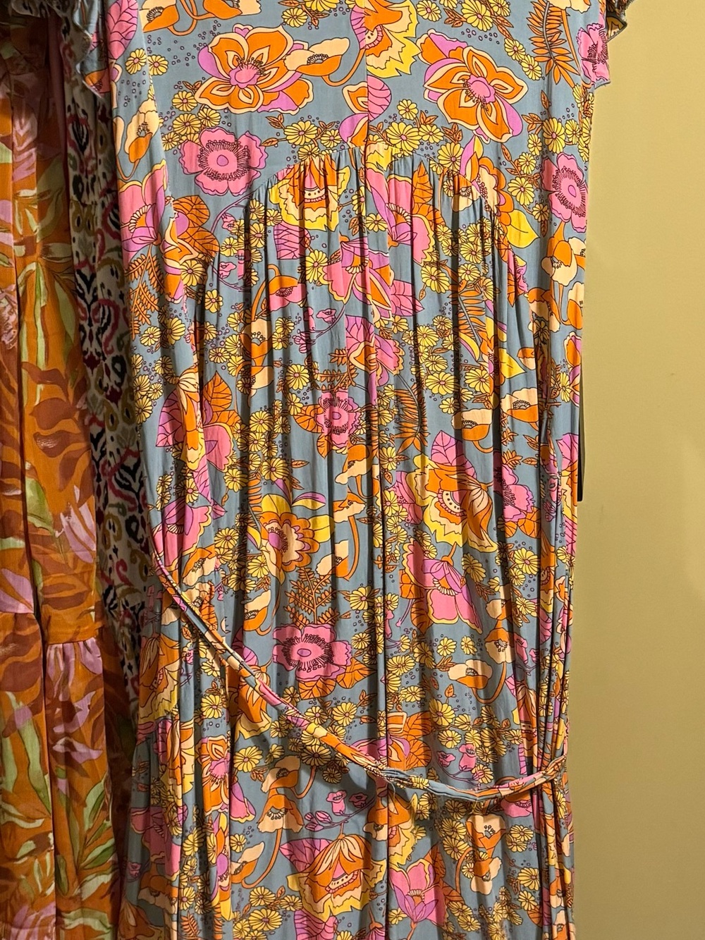 Floral Tie-Waist Maxi Dress in Sky Blue, Pink & Orange